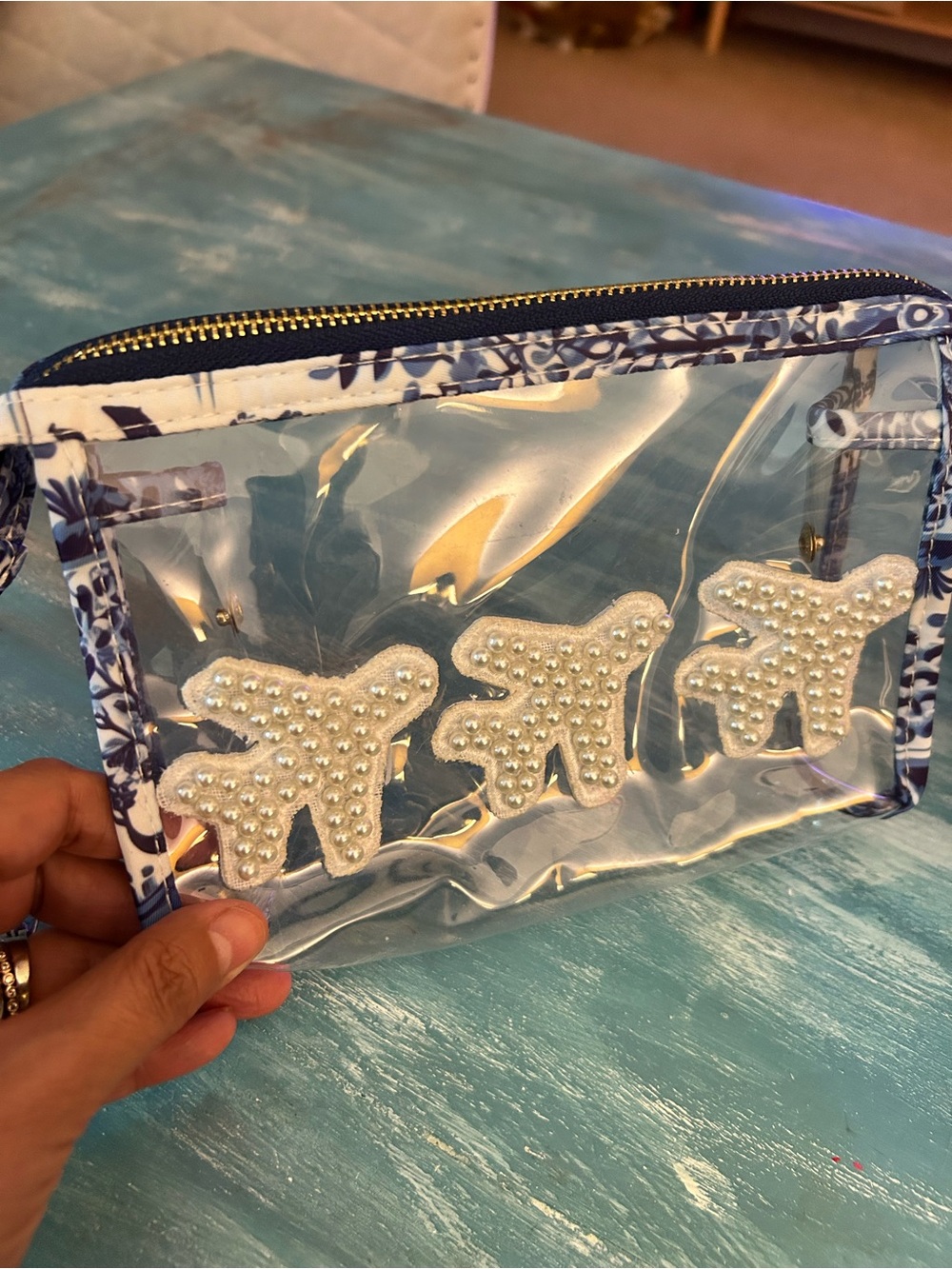 Kenz Kustomz Clear Travel Pouch with Pearl Accents